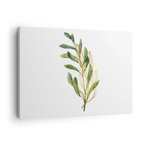 Impression sur toile - Image sur toile - Branche verte avec des feuilles sur fond blanc - 70x50cm - Tout ce qui est bon - Décoration murale moderne pour le salon et la chambre ARTTOR