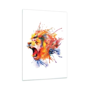 Impression sur verre - Image sur verre - Lion coloré dans un style aquarelle sur fond blanc - 50x70cm - exploser de colère - Décoration murale moderne pour le salon et la chambre ARTTOR