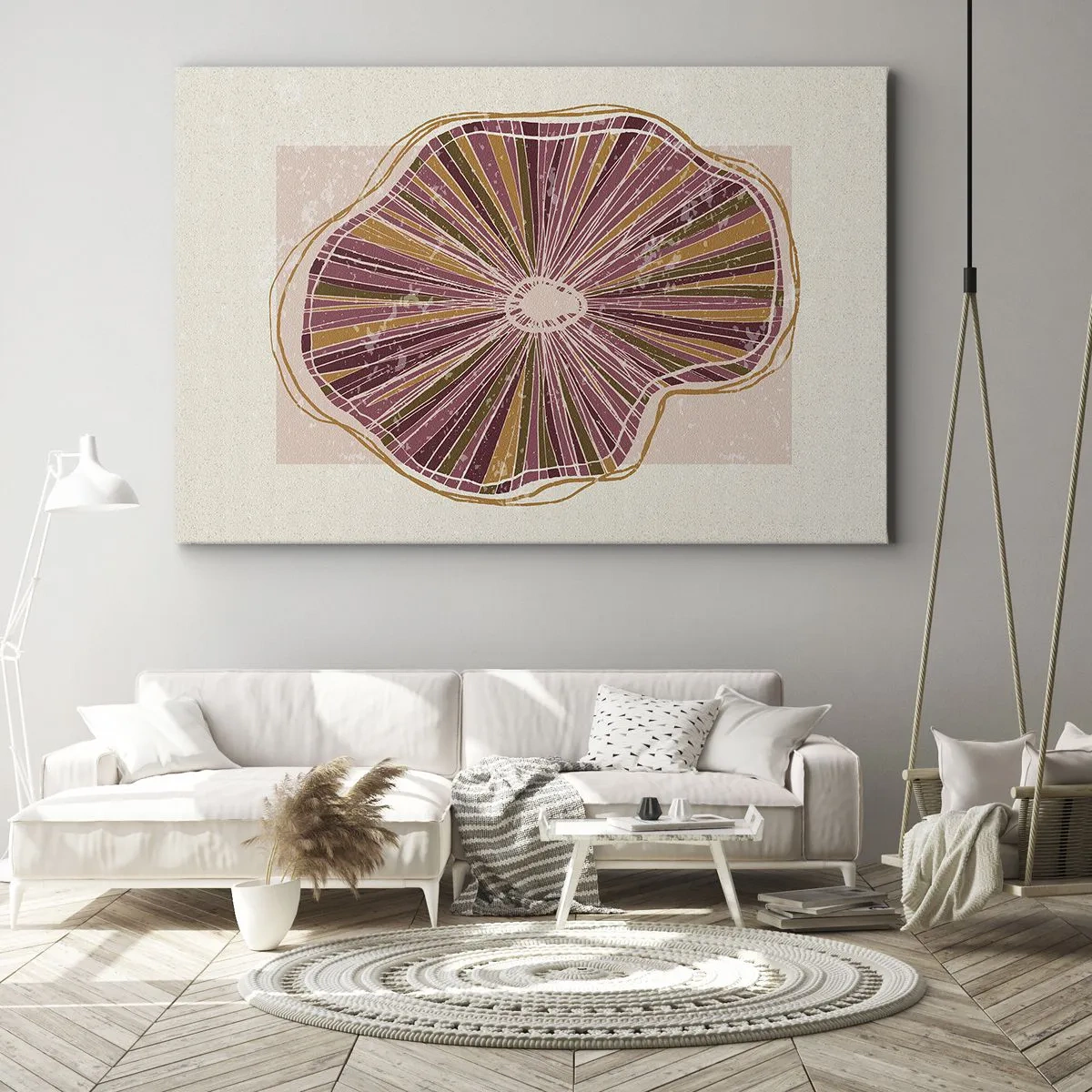 Impression sur toile - Image sur toile - Motif abstrait de tranches d'arbre dans des tons roses - 70x50cm - Abstraction rayonnante - Décoration murale moderne pour le salon et la chambre ARTTOR