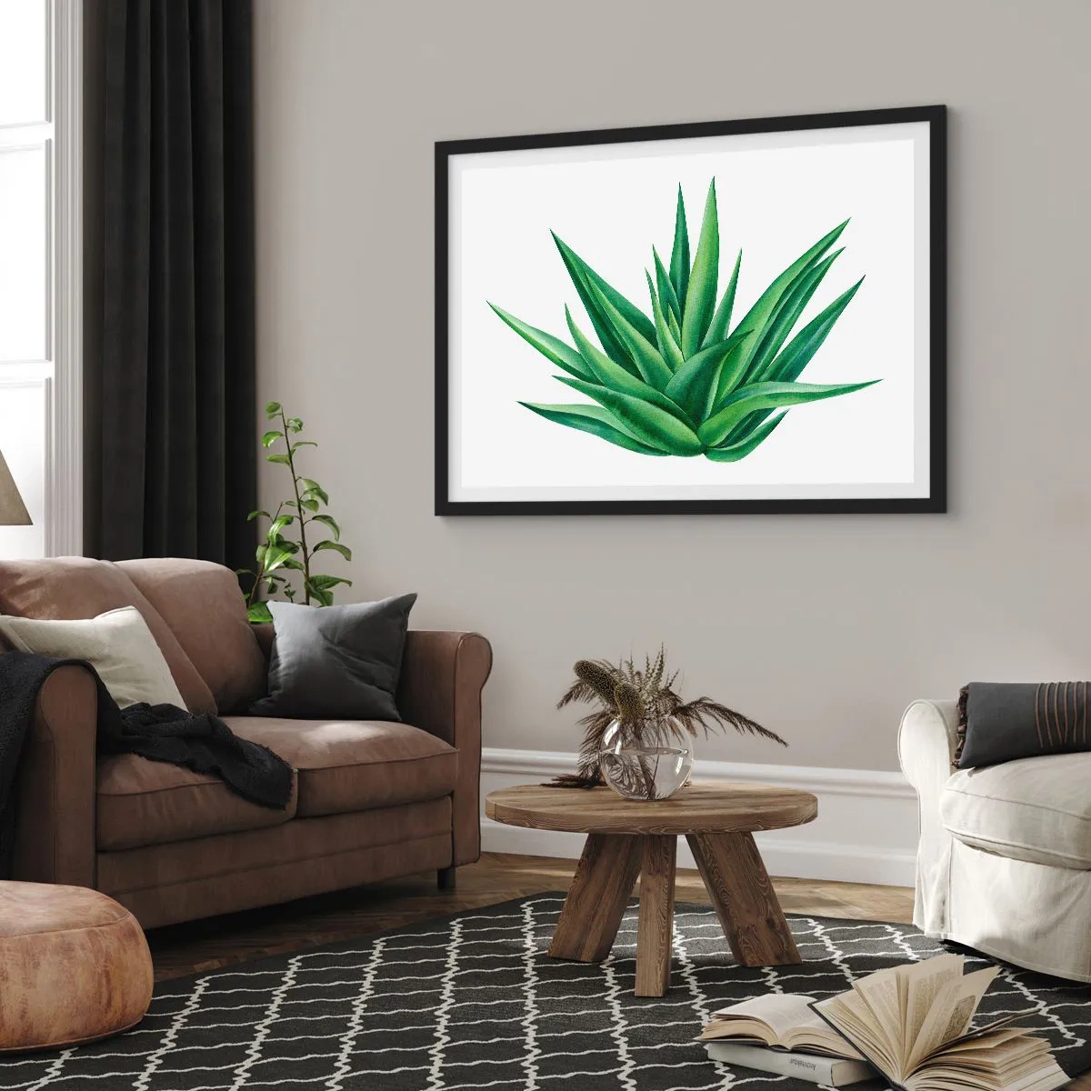 Affiche dans un cadre noir - Poster - Une plante verte juteuse sur fond blanc - 70x50cm - Vert – force – vie - Décoration murale moderne pour le salon et la chambre ARTTOR