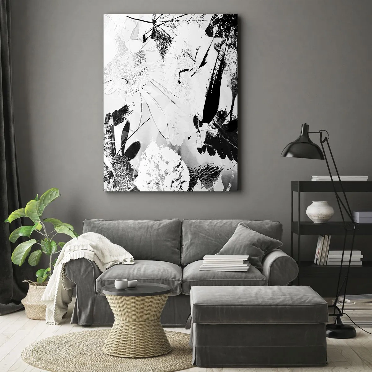 Impression sur toile - Image sur toile - Fleurs abstraites en noir et blanc dans un style minimaliste - 50x70cm - Automne en négatif - Décoration murale moderne pour le salon et la chambre ARTTOR