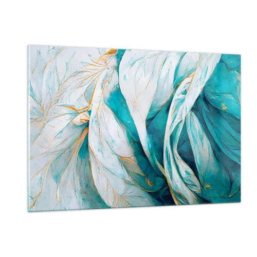 Impression sur verre - Image sur verre - Abstraction organique en lignes bleues et dorées - 120x80cm - Abstraction bleue avec un motif doré - Décoration murale moderne pour le salon et la chambre ARTTOR