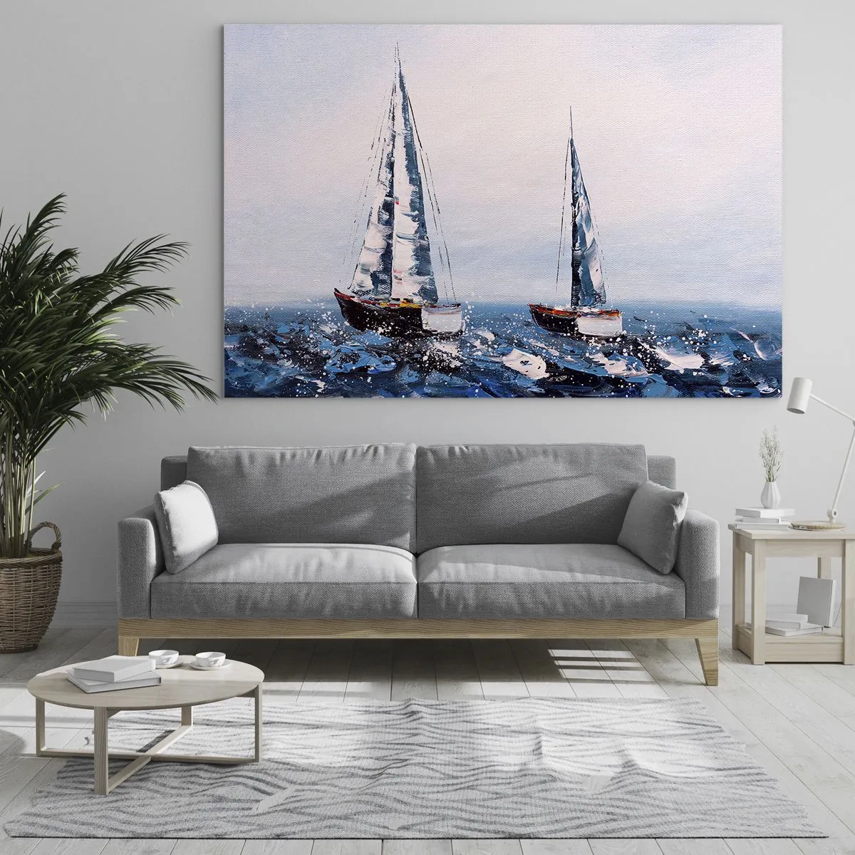 Impression sur verre - Image sur verre - Deux yachts sur une mer agitée dans un style pictural impressionniste. - 100x70cm - Confrérie du vent - Décoration murale moderne pour le salon et la chambre ARTTOR