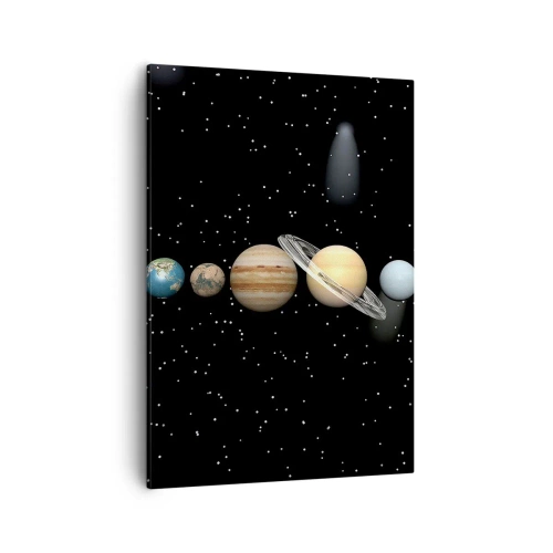 Impression sur toile - Image sur toile - Le système solaire avec des planètes sur fond d'étoiles dans l'espace - 50x70cm - Et les planètes sont folles, sont folles... - Décoration murale moderne pour le salon et la chambre ARTTOR