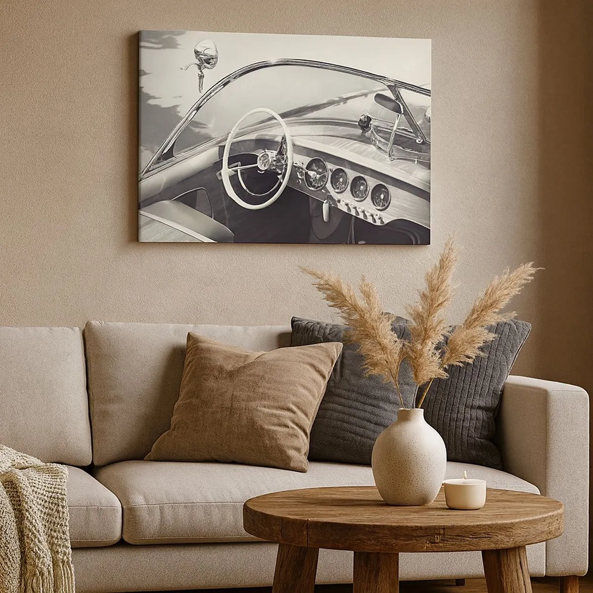 Impression sur toile - Image sur toile - Intérieur de voiture classique de style monochrome - 70x50cm - Temps pour riche - Décoration murale moderne pour le salon et la chambre ARTTOR