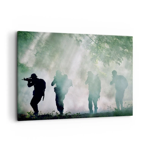 Impression sur toile - Image sur toile - Silhouettes de soldats dans une forêt entourée de brouillard - 100x70cm - Un pour tous… - Décoration murale moderne pour le salon et la chambre ARTTOR