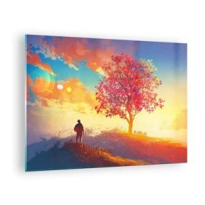 Impression sur verre - Image sur verre - Une silhouette sur fond de ciel coloré et d'arbre aux couleurs chaudes - 70x50cm - Pèlerin à destination - Décoration murale moderne pour le salon et la chambre ARTTOR
