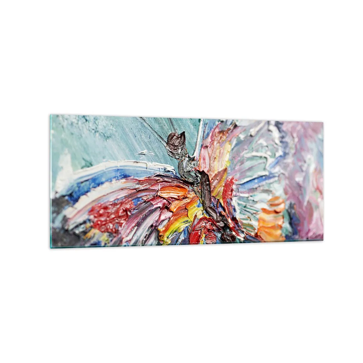 Impression sur verre - Image sur verre - Papillon coloré en pâte sur fond pastel - 120x50cm - Peint par nature - Décoration murale moderne pour le salon et la chambre ARTTOR