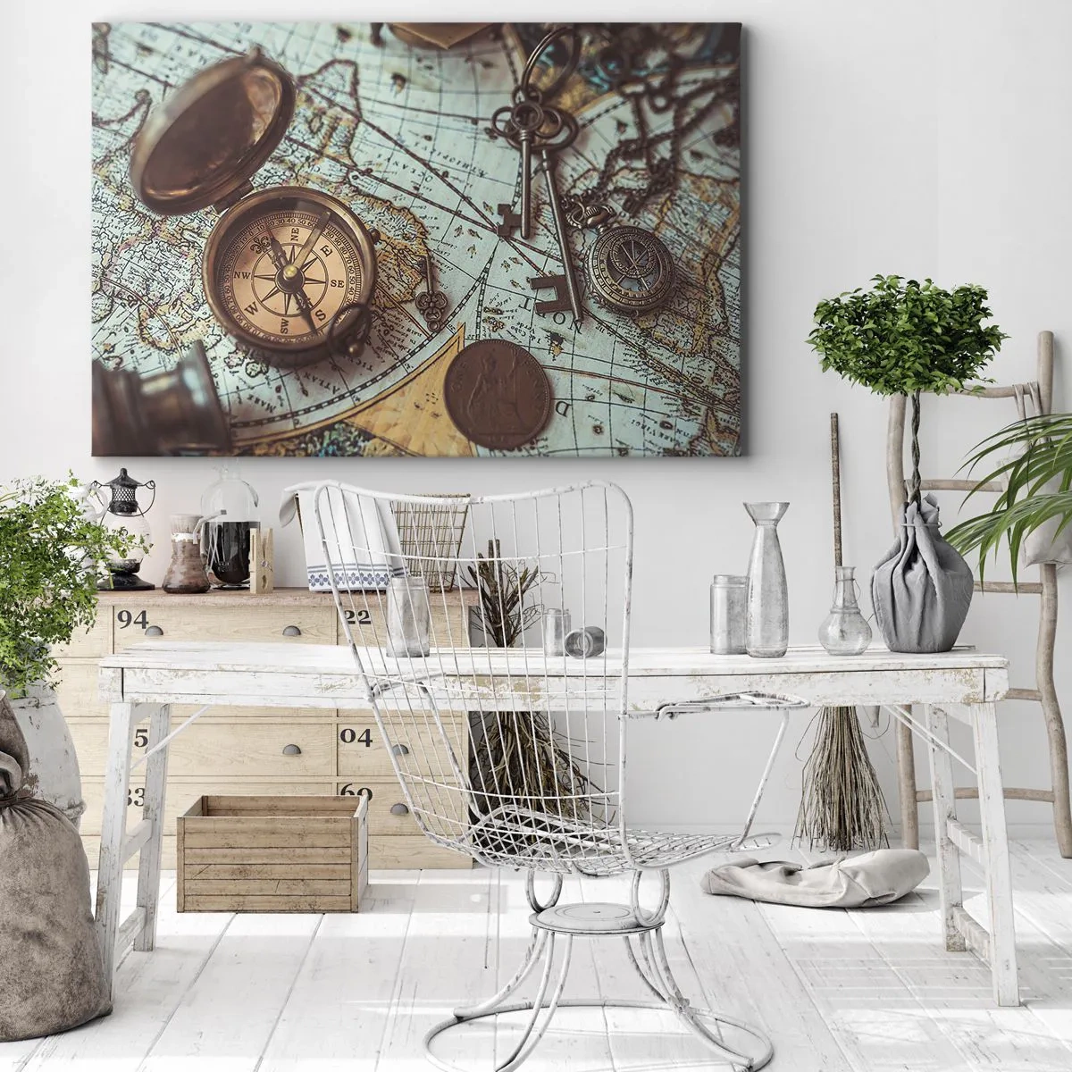 Impression sur toile - Image sur toile - Composition avec une boussole, des clés et une vieille carte dans un style rétro - 100x70cm - Pour ceux qui recherche l'aventure - Décoration murale moderne pour le salon et la chambre ARTTOR