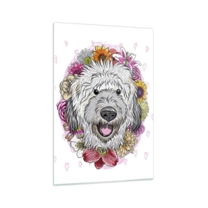Impression sur verre - Image sur verre - Un chien entouré de fleurs colorées - 70x100cm - La joie du chiot - Décoration murale moderne pour le salon et la chambre ARTTOR