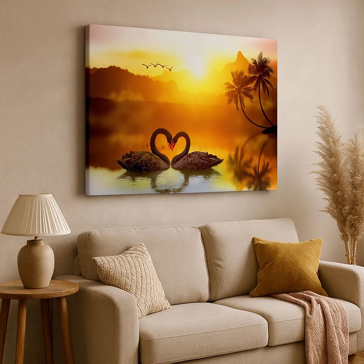 Impression sur toile - Image sur toile - Deux cygnes noirs formant un cœur sur fond de coucher de soleil sur un lac - 70x50cm - Tout va ensemble - Décoration murale moderne pour le salon et la chambre ARTTOR