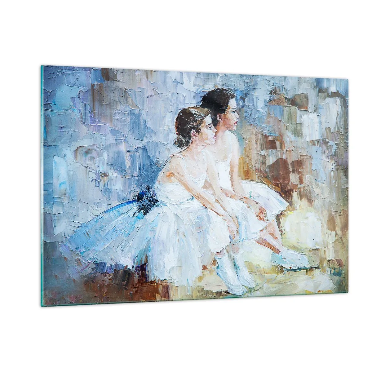Impression sur verre - Image sur verre - Deux ballerines en robes blanches sur fond impressionniste - 120x80cm - Reste de jeunes cygnes - Décoration murale moderne pour le salon et la chambre ARTTOR