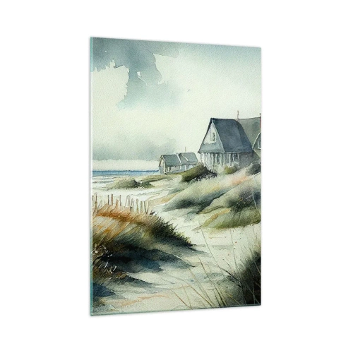 Impression sur verre - Image sur verre - Une maison de bord de mer entourée d'herbe et surplombant la mer - 70x100cm - Loin de l'agitation - Décoration murale moderne pour le salon et la chambre ARTTOR
