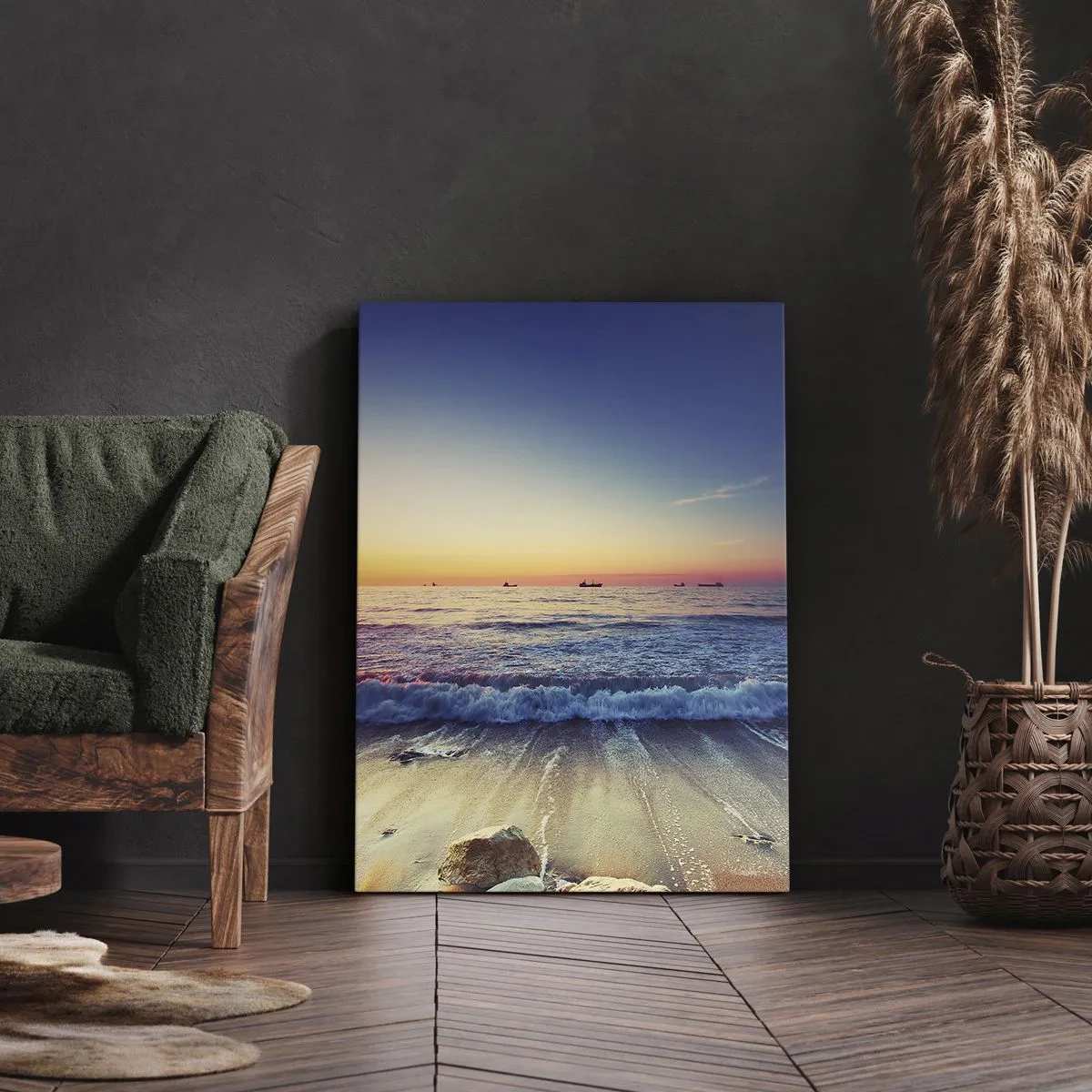 Impression sur toile - Image sur toile - Coucher de soleil sur une mer calme avec des vagues - 50x70cm - Mais quel horizon ? - Décoration murale moderne pour le salon et la chambre ARTTOR
