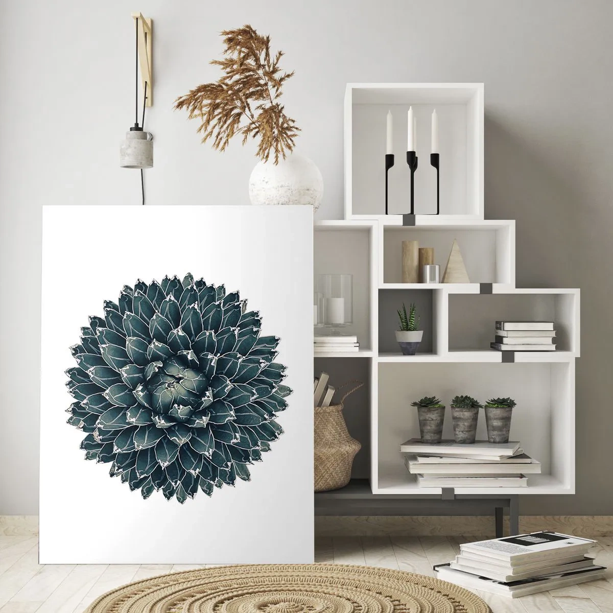 Impression sur verre - Image sur verre - Motif symétrique d'une plante succulente sur fond blanc - 50x70cm - Étoile du désert - Décoration murale moderne pour le salon et la chambre ARTTOR