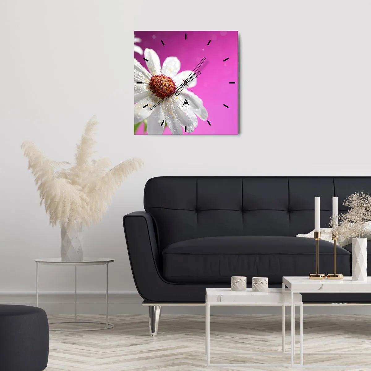 Horloge murale - Pendule murale - Une marguerite blanche recouverte de gouttes d'eau sur un fond rose - 30x30cm - Modeste dans sa beauté - Décoration murale moderne pour le salon et la chambre ARTTOR