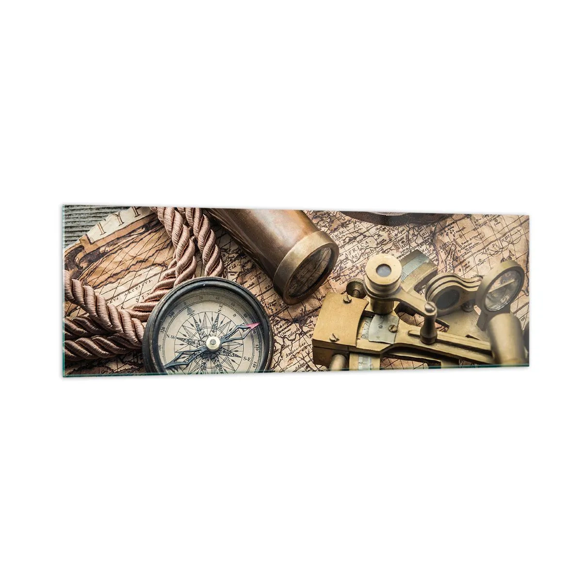 Impression sur verre - Image sur verre - Une boussole, un sextant et un télescope sur fond de vieille carte et de corde nautique. - 160x50cm - Fixer un cap - Décoration murale moderne pour le salon et la chambre ARTTOR