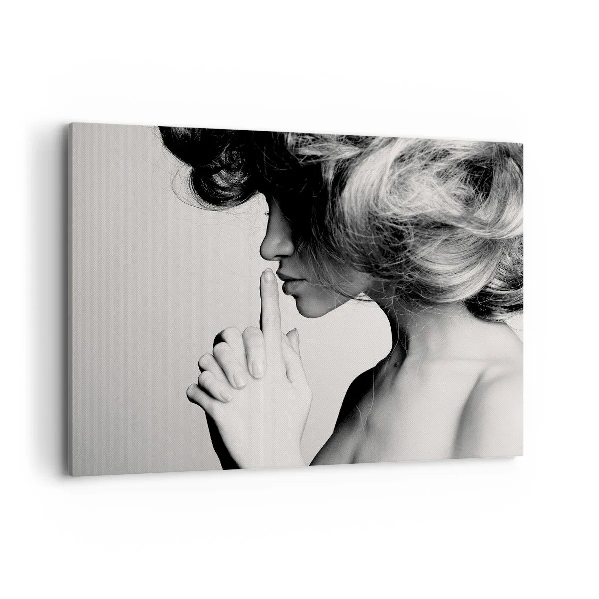 Impression sur toile - Image sur toile - Profil noir et blanc d'une femme faisant un geste de silence - 120x80cm - A l'écoute d'elle-même - Décoration murale moderne pour le salon et la chambre ARTTOR