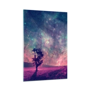 Impression sur verre - Image sur verre - Un arbre contre un ciel étoilé aux couleurs violettes et bleues - 80x120cm - Sous un ciel magique - Décoration murale moderne pour le salon et la chambre ARTTOR