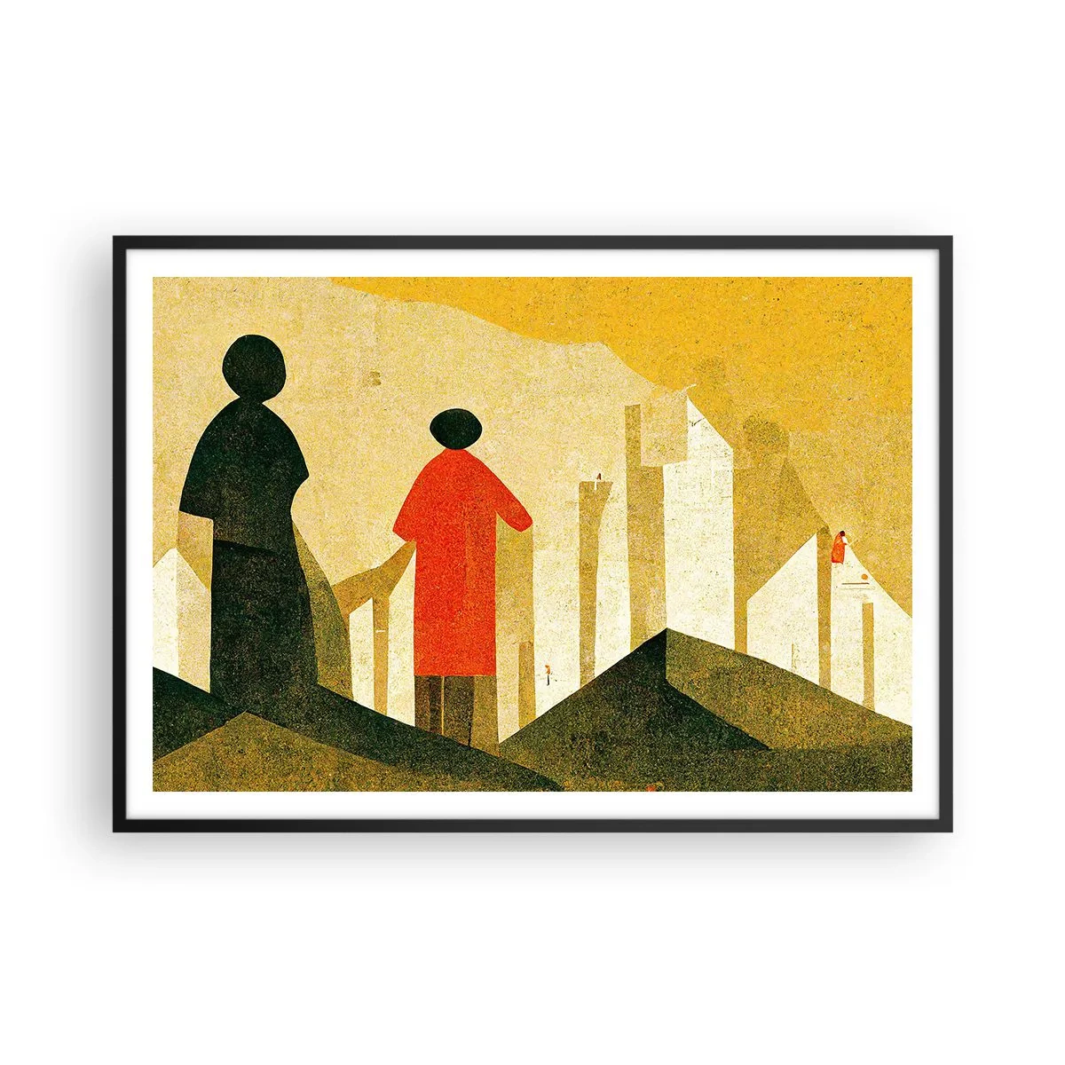Affiche dans un cadre noir - Poster - Silhouettes géométriques en rouge et vert sur fond jaune - 100x70cm - La route est encore longue - Décoration murale moderne pour le salon et la chambre ARTTOR