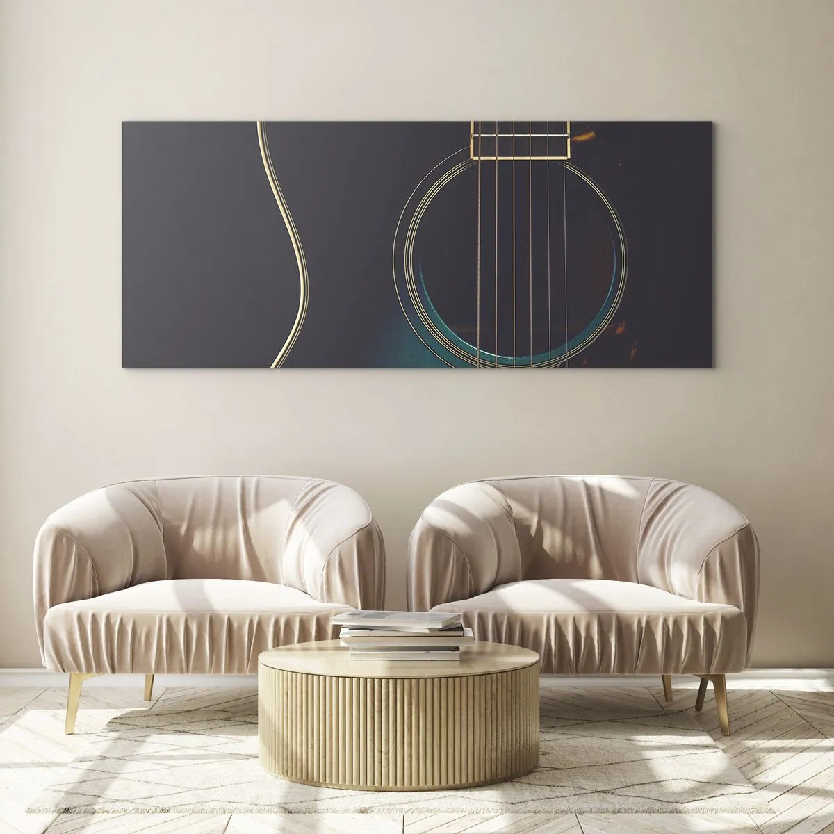 Impression sur verre - Image sur verre - Guitare acoustique dans une lumière sombre et élégante - 120x50cm - Le calme avant la tempête - Décoration murale moderne pour le salon et la chambre ARTTOR