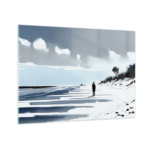 Impression sur verre - Image sur verre - Silhouette d'une personne solitaire marchant sur une plage déserte - 70x50cm - Seul à seul - Décoration murale moderne pour le salon et la chambre ARTTOR