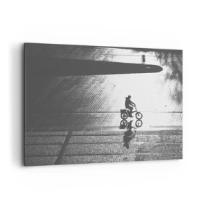 Impression sur toile - Image sur toile - Silhouette noire et blanche d'un cycliste sur une rue mouillée - 100x70cm - Devant moi, à travers la ville - Décoration murale moderne pour le salon et la chambre ARTTOR