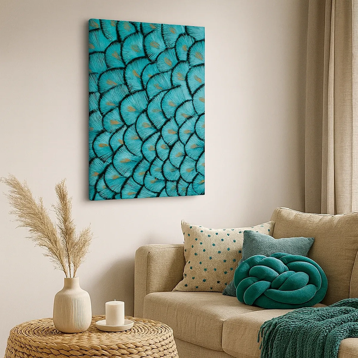 Impression sur toile - Image sur toile - Un motif ressemblant à des écailles turquoise avec des accents dorés - 50x70cm - Le grand gala des plumes - Décoration murale moderne pour le salon et la chambre ARTTOR