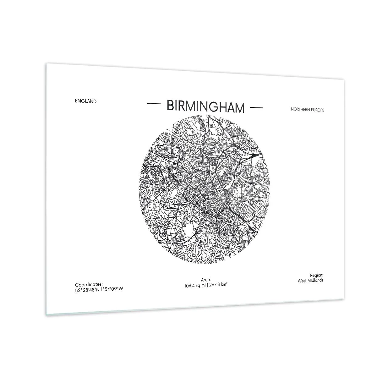 Impression sur verre - Image sur verre - Carte de Birmingham en noir et blanc dans un style graphique moderne - 70x50cm - Anatomie de Birmingham - Décoration murale moderne pour le salon et la chambre ARTTOR