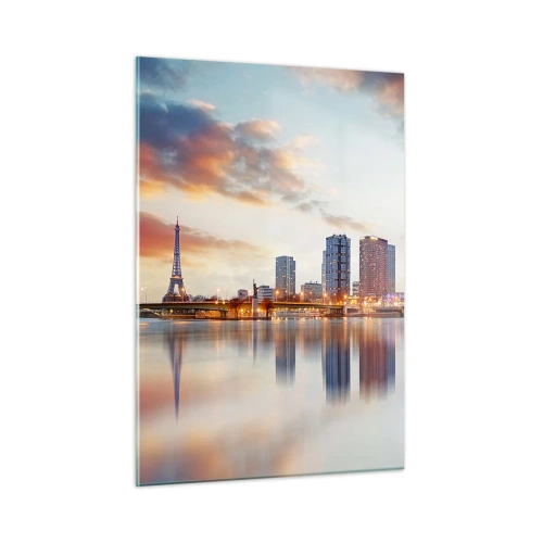 Impression sur verre - Image sur verre - Panorama de Paris avec la Tour Eiffel et les bâtiments modernes au crépuscule - 50x70cm - La tranquillité monumentale de Paris - Décoration murale moderne pour le salon et la chambre ARTTOR