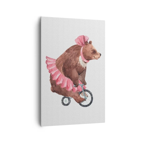 Impression sur toile - Image sur toile - Un ours en peluche dans une jupe rose sur un vélo de style rétro - 80x120cm - Quel cirque ! - Décoration murale moderne pour le salon et la chambre ARTTOR