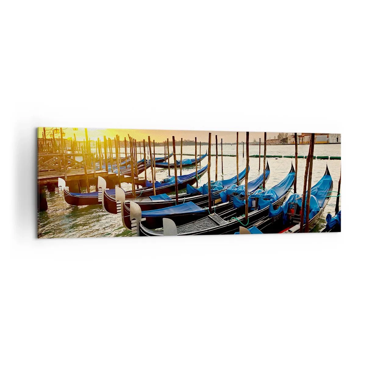 Impression sur toile - Image sur toile - Gondoles à Venise le matin à la lumière du soleil levant - 160x50cm - Avant que le vacarme n'arrive - Décoration murale moderne pour le salon et la chambre ARTTOR