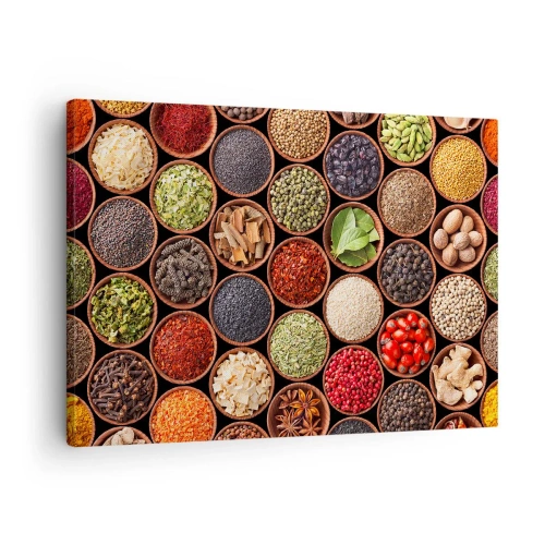 Impression sur toile - Image sur toile - Épices colorées dans des récipients ronds - 70x50cm - Toutes les saveurs du monde - Décoration murale moderne pour le salon et la chambre ARTTOR
