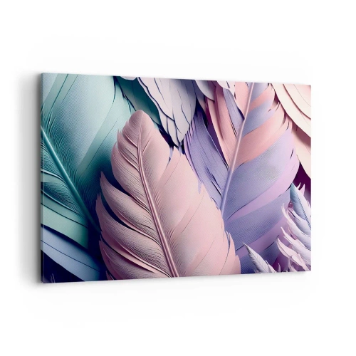 Impression sur toile - Image sur toile - Plumes colorées dans des tons pastel sur un fond clair - 100x70cm - Oiseau chic - Décoration murale moderne pour le salon et la chambre ARTTOR