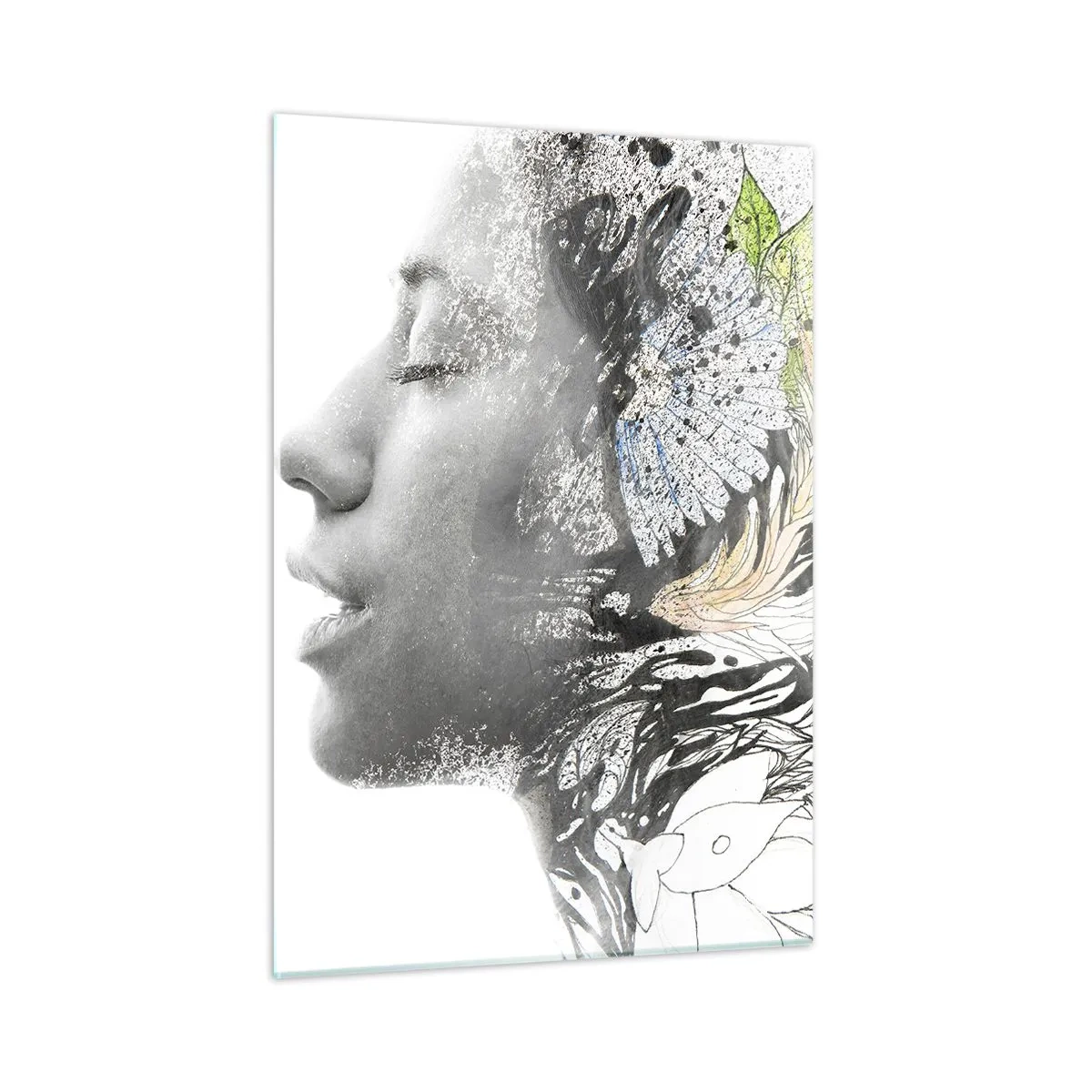 Impression sur verre - Image sur verre - Profil de femme avec des motifs de la nature dans un style monochrome - 50x70cm - Immergé dans la nature - Décoration murale moderne pour le salon et la chambre ARTTOR