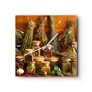 Horloge murale - Pendule murale - Herbes et épices en pots sur fond rustique - 30x30cm - Sortilèges de cuisine - Décoration murale moderne pour le salon et la chambre ARTTOR