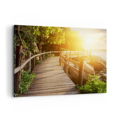 Impression sur toile - Image sur toile - Un pont en bois au milieu de la verdure menant à la mer sous les rayons du soleil - 100x70cm - Un autre tour, un autre miracle - Décoration murale moderne pour le salon et la chambre ARTTOR