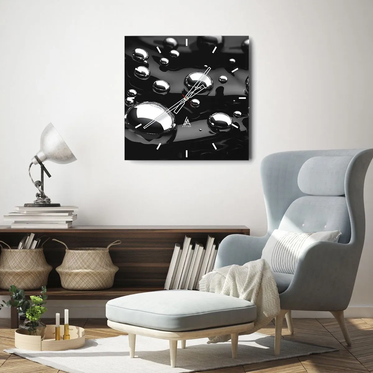 Horloge murale - Pendule murale - Gouttes abstraites sur une surface noire - 30x30cm - D'un ton noir - Décoration murale moderne pour le salon et la chambre ARTTOR