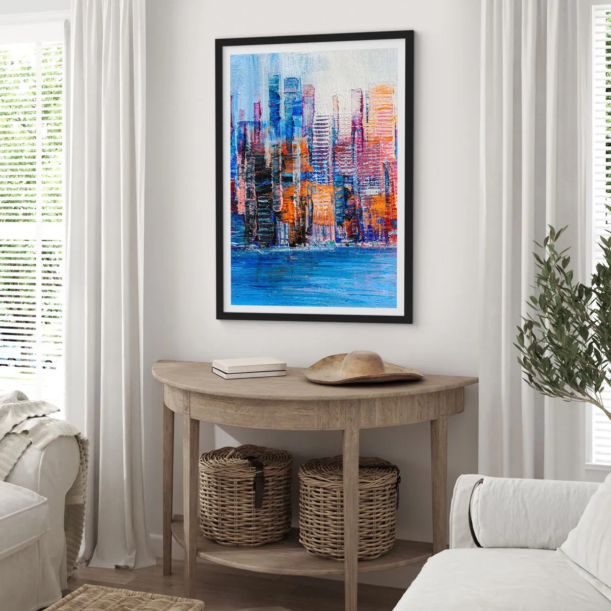 Affiche dans un cadre noir - Poster - Panorama urbain abstrait aux couleurs intenses - 50x70cm - Une métropole joyeuse - Décoration murale moderne pour le salon et la chambre ARTTOR