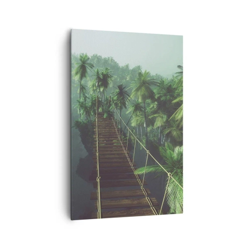Impression sur toile - Image sur toile - Un pont suspendu dans une forêt tropicale entourée de brouillard. - 80x120cm - Au fil de la verdure - Décoration murale moderne pour le salon et la chambre ARTTOR