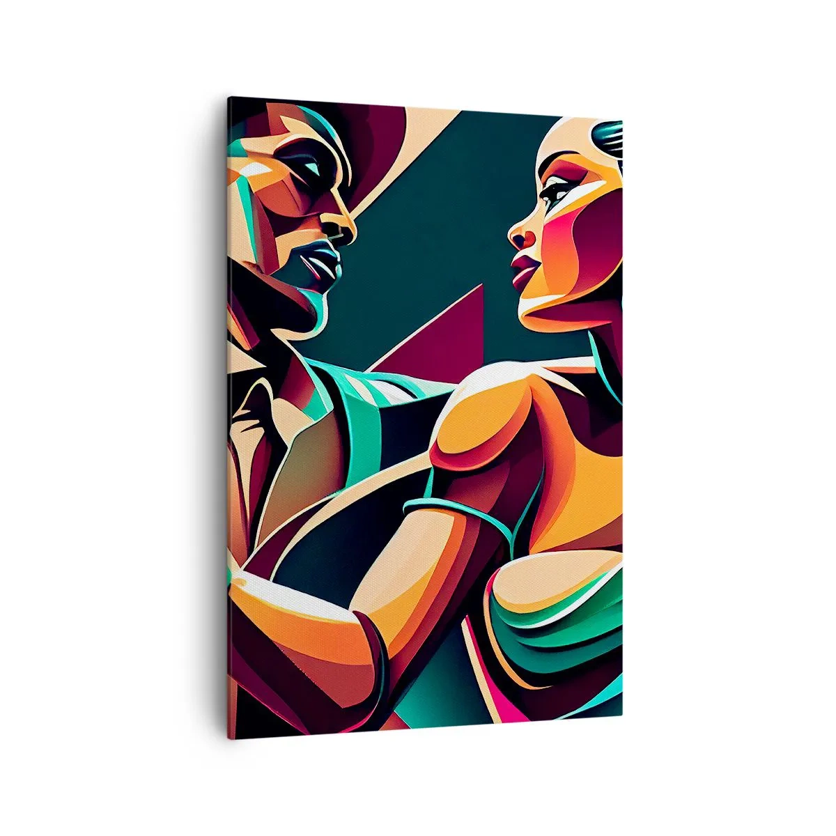 Impression sur toile - Image sur toile - Un couple stylisé dansant dans des couleurs vibrantes et géométriques. - 70x100cm - Au rythme du coeur - Décoration murale moderne pour le salon et la chambre ARTTOR