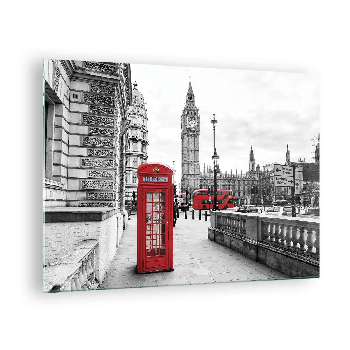 Impression sur verre - Image sur verre - Londres en noir et blanc avec une cabine téléphonique rouge et un bus - 70x50cm - Sans aucun doute Londres - Décoration murale moderne pour le salon et la chambre ARTTOR