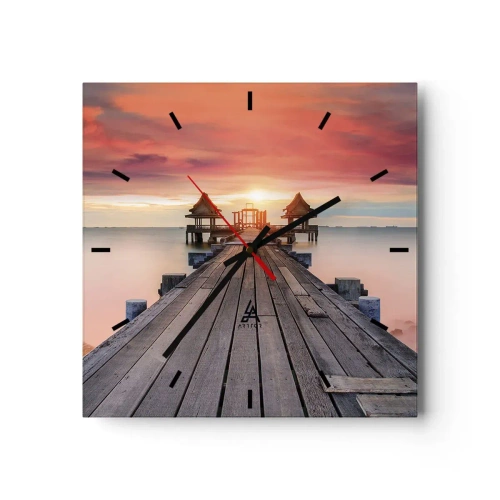 Horloge murale - Pendule murale - Jetée en bois menant aux belvédères au coucher du soleil - 30x30cm - L'Ouest à l'Est - Décoration murale moderne pour le salon et la chambre ARTTOR