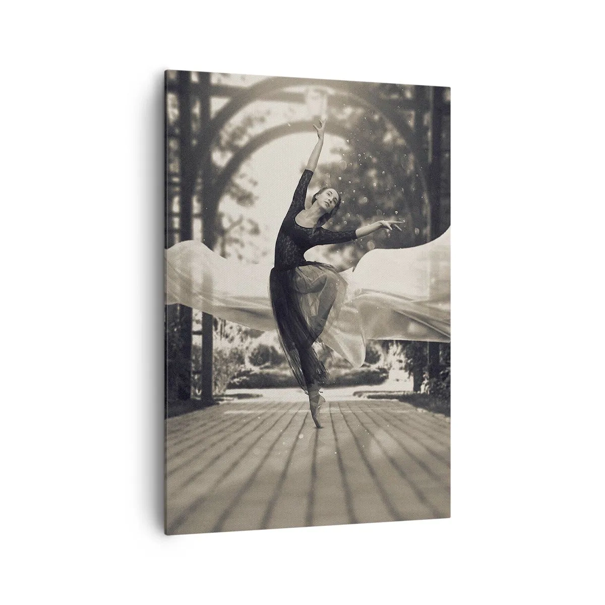Impression sur toile - Image sur toile - Une danseuse vêtue d'une robe fluide exécute un saut sur fond de jardin noir et blanc. - 70x100cm - La danse de l'esprit jardin - Décoration murale moderne pour le salon et la chambre ARTTOR