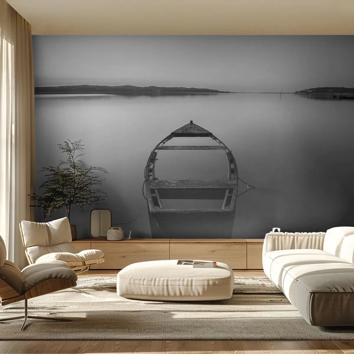 Papier Peint Photo Premium Sand - Nostalgie et mélancolie - Paysage, Lac, Bateau - 350x256 cm