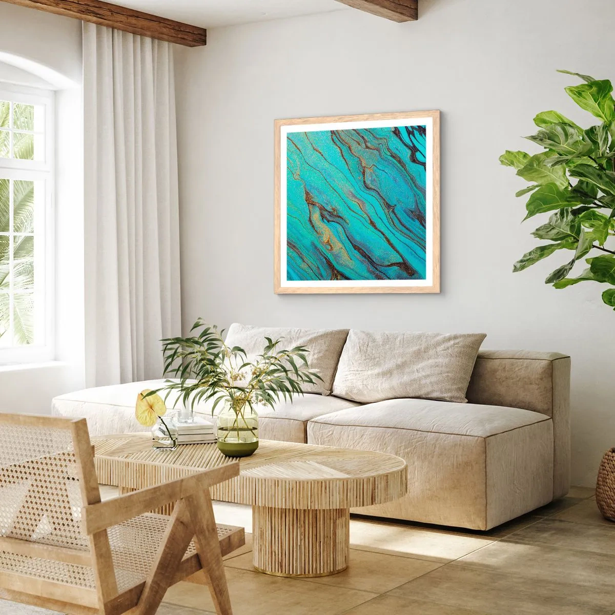 Affiche dans un chêne clair - Poster - Marée turquoise - 40x40 cm