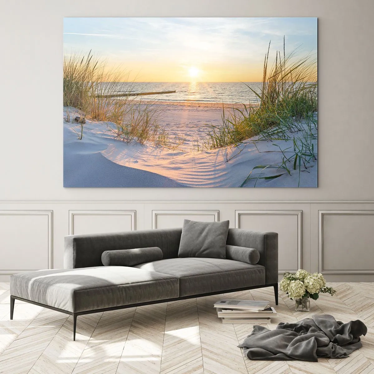 Impression sur verre - Image sur verre - Plage au coucher du soleil avec vue sur la mer et les herbes des dunes - 120x80cm - Le bruit de la mer, le chant des oiseaux, une plage sauvage parmi les herbes… - Décoration murale moderne pour le salon et la cham