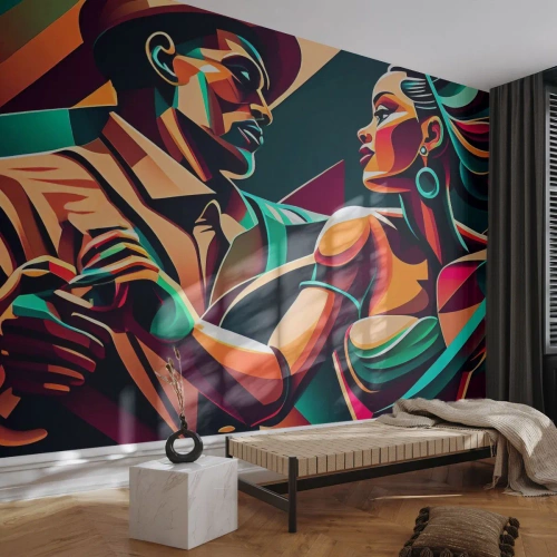 Papier Peint Photo Standard Eco - Couple abstrait dansant aux couleurs dynamiques - 100x70cm - Au rythme du coeur - Décoration murale moderne pour le salon et la chambre ARTTOR