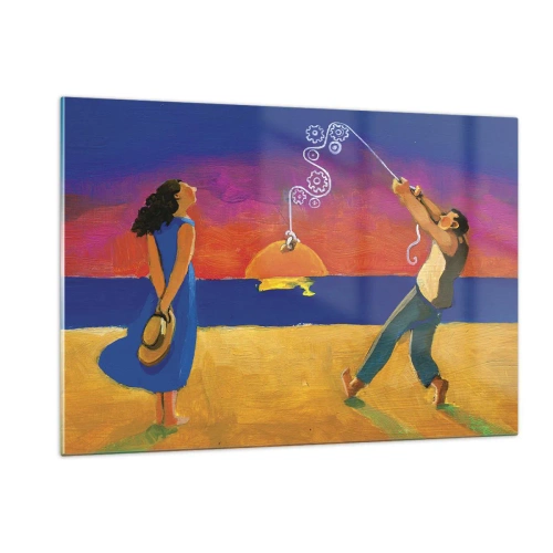 Impression sur verre - Image sur verre - Résumé coloré d'un couple sur la plage au coucher du soleil - 120x80cm - Plus qu'une étoile dans le ciel - Décoration murale moderne pour le salon et la chambre ARTTOR