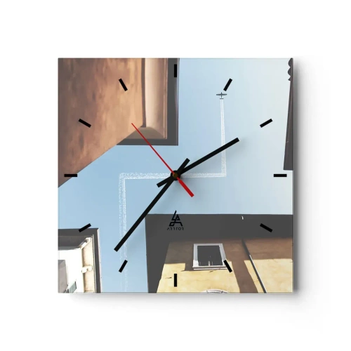 Horloge murale - Pendule murale - Vue de l'avion et de sa traînée dans le ciel depuis une perspective de rue - 30x30cm - Au-dessus du labyrinthe de la ville - Décoration murale moderne pour le salon et la chambre ARTTOR
